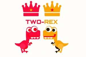 Două desene animate cu dinozauri, unul roșu și unul galben, sub două coroane stilizate, cu textul TWO-REX între ele