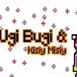 Două personaje pixelate, unul albastru și unul roz, cu pălării de Moș Crăciun, însoțite de textul Ugi Bugi & Kisy Misy pe un fundal cu fulgi de zăpadă roșii