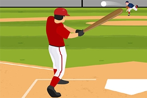 Un jucător de baseball în uniformă roșie se pregătește să lovească mingea