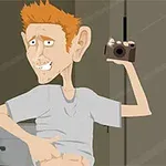 Personaj animat roșcat făcând un selfie în oglindă, zâmbind și ridicându-și tricoul