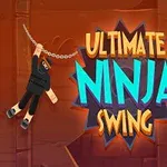 Un ninja atârnă de o frânghie pe un fundal portocaliu cu unelte ascuțite și textul ULTIMATE NINJA SWING în centru