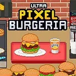 Bucătărie pixelată cu burgeri, grătar, ingrediente și aparat de băuturi carbogazoase