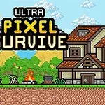 Peisaj pixelat cu un foc de tabără, un copac verde, un cuptor, o casă și munți în fundal, sub titlul Ultra Pixel Survive