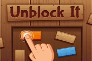 Mână apăsând pe o bucată de lemn portocalie, înconjurată de plăcuțe de lemn albe și albastre, cu textul Unblock It deasupra