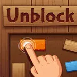 Mână apăsând pe o bucată de lemn portocalie, înconjurată de plăcuțe de lemn albe și albastre, cu textul Unblock It deasupra