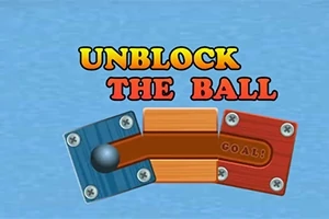 Textul UNBLOCK THE BALL deasupra unui puzzle cu o bilă pe un fundal albastru