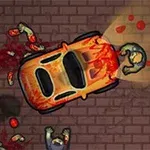 Mașină portocalie cu sânge și zombi pe un drum cu pavaj, privită de sus
