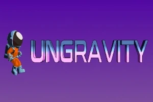 Un astronaut stilizat în costum portocaliu, alături de textul UNGRAVITY pe un fundal mov
