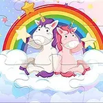 Doi unicorni colorați stând pe un nor, ținând stele în mâini, cu un curcubeu în fundal