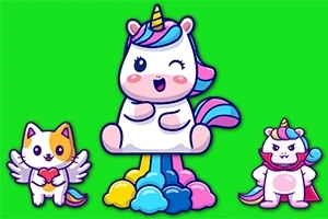 Unicorn centrat cu zâmbet, înconjurat de nori colorați, alături de o pisică cu aripi și un personaj unicorn furios, pe fundal verde