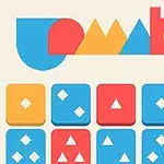 Logo colorat cu piese pătrate roșii, galbene și albastre având simboluri geometrice albe