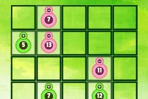 Grilă verde cu cercuri numerotate roz și verzi, având semne plus și minus