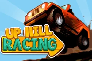 Mașină de teren roșie în acțiune pe un deal, cu textul UP HILL RACING suprapus