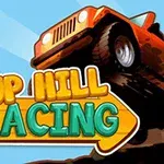 Mașină de teren roșie în acțiune pe un deal, cu textul UP HILL RACING suprapus