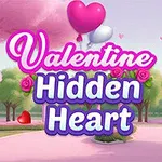 Text colorat Valentine Hidden Heart pe un fundal cu copaci roz și verzi, cu baloane și inimi roșii plutind în jur