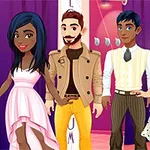 Patru personaje animate poartă îmbrăcăminte elegantă, stând într-un decor colorat