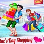 Trei persoane se află într-un mall, cu multe sacoșe și cutii de cadouri, înconjurați de decoruri colorate și inimioare roz