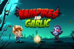 Un băiat și un vampir animat se confruntă într-un peisaj de noapte cu un cățel de usturoi între ei, iar textul Vampires and Garlic este afișat deasupra
