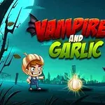 Un băiat și un vampir animat se confruntă într-un peisaj de noapte cu un cățel de usturoi între ei, iar textul Vampires and Garlic este afișat deasupra