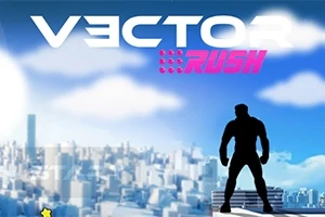 Siluetă a unui bărbat pe acoperișul unei clădiri cu orașul și cerul senin pe fundal, având în partea de sus textul VECTOR RUSH