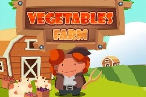 Un fermier desenat stă în fața unei ferme cu hambare și câțiva purcei, cu un semn pe care scrie Vegetables Farm