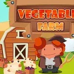 Un fermier desenat stă în fața unei ferme cu hambare și câțiva purcei, cu un semn pe care scrie Vegetables Farm