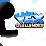 Siluetă de personaj care aleargă, cu un fundal albastru deschis și text stilizat VEX Challenges