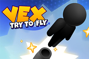 Personaj negru stilizat sare peste un tun, pe fundal albastru cu stele și textul „VEX TRY TO FLY