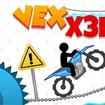 Un personaj stilizat pe motocicletă trece peste obstacole periculoase, incluzând un ferăstrău și țepi, cu un panou de avertizare în fundal