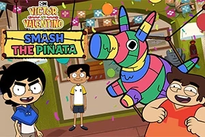 Trei personaje animate într-o cameră decorată cu baloane și o piñata colorată suspendată