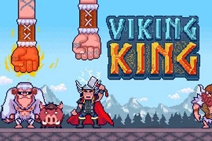 Un viking cu un coif și ciocan în fața unui fundal montan, alături de un porc și două creaturi mari, cu mâini mari suspendate deasupra lor și titlul Viking King în partea superioară