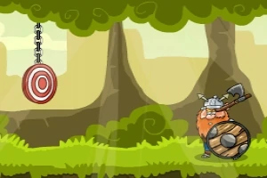 Un viking cu barbă portocalie într-o pădure poartă un scut și un topor, confruntându-se cu o țintă suspendată