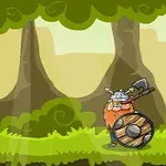 Un viking cu barbă portocalie într-o pădure poartă un scut și un topor, confruntându-se cu o țintă suspendată