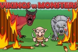 Creaturi fioroase, un demon roșu și un lup gri, înconjurați de focuri, cu un personaj mic în mijloc ținând cuțite, și titlul Vikings vs Monsters deasupra