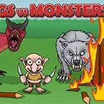 Creaturi fioroase, un demon roșu și un lup gri, înconjurați de focuri, cu un personaj mic în mijloc ținând cuțite, și titlul Vikings vs Monsters deasupra