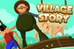 Un fermier cu oile sale și un copil traversează un pod de lemn, cu titlul Village Story deasupra