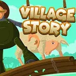 Un fermier cu oile sale și un copil traversează un pod de lemn, cu titlul Village Story deasupra