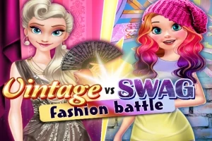 Două personaje animate, una îmbrăcată în stil vintage și cealaltă în stil modern, cu textul Vintage vs Swag fashion battle