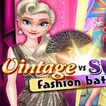 Două personaje animate, una îmbrăcată în stil vintage și cealaltă în stil modern, cu textul Vintage vs Swag fashion battle