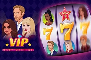 Figuri animate de bărbat și femeie lângă o roată de slot machine cu simboluri diverse și inscripția VIP Slot Machine
