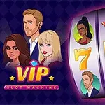 Figuri animate de bărbat și femeie lângă o roată de slot machine cu simboluri diverse și inscripția VIP Slot Machine