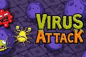 Text colorat cu litere mari Virus Attack și viruși animați multicolori cu expresii faciale pe fundal mov