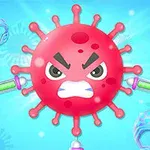 Un virus roșu desenat cu față furioasă, înconjurat de seringi și coifuri pe un fundal albastru