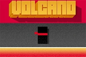 Textul „VOLCANO” într-un stil retro pe un fundal roșu și negru, cu un dreptunghi negru și o linie roșie dedesubt