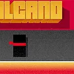 Textul „VOLCANO” într-un stil retro pe un fundal roșu și negru, cu un dreptunghi negru și o linie roșie dedesubt