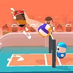 Două personaje animate joacă volei într-un teren colorat, cu un fundal de spectatori și un fileu în centru