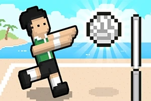 Personaj pixelat jucând volei pe plajă, lovind o minge alb-negru