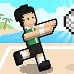 Personaj pixelat jucând volei pe plajă, lovind o minge alb-negru