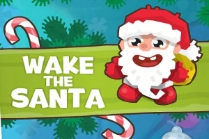 Un Moș Crăciun desenat animat stă zâmbind lângă un banner verde cu textul WAKE THE SANTA, înconjurat de bastoane de zahăr și crengi de brad