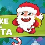 Un Moș Crăciun desenat animat stă zâmbind lângă un banner verde cu textul WAKE THE SANTA, înconjurat de bastoane de zahăr și crengi de brad